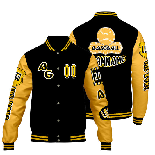 Maßgeschneiderte Schwarz Gelb Letterman Varsity Jacket Individuelle Stickerei  Druck nach Ihrem Wunsch