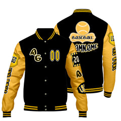 Maßgeschneiderte Schwarz Gelb Letterman Varsity Jacket Individuelle Stickerei  Druck nach Ihrem Wunsch