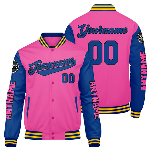 Maßgeschneiderte Rosa Königliches Gelb Letterman Varsity Jacket Individuelle Stickerei Druck nach Ihrem Wunsch