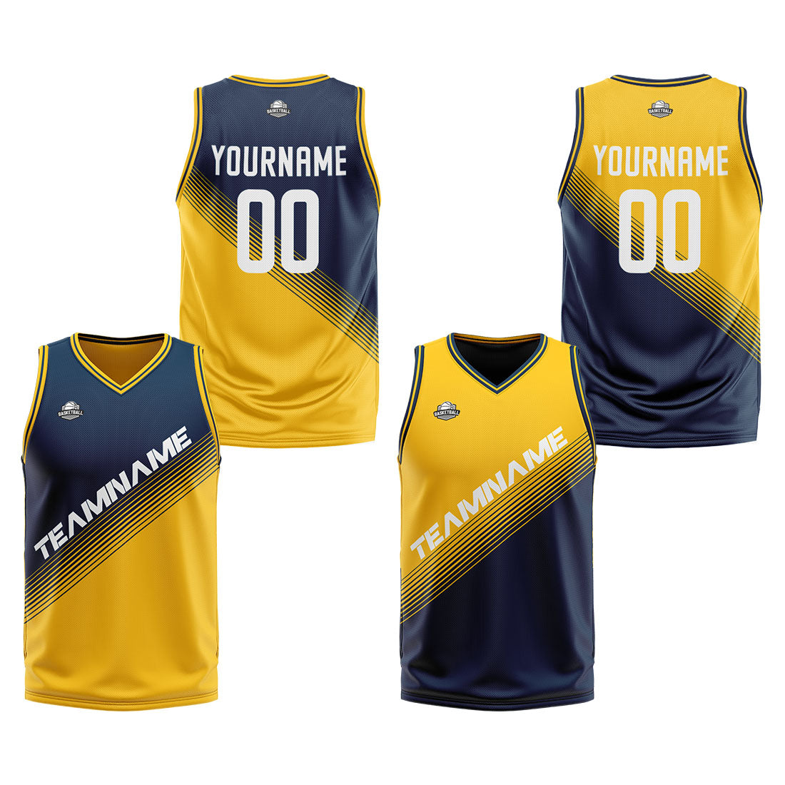 Benutzerdefinierte Marine Gelb Reversible Basketball Jersey Personalisierte Print Name Nummer Logo