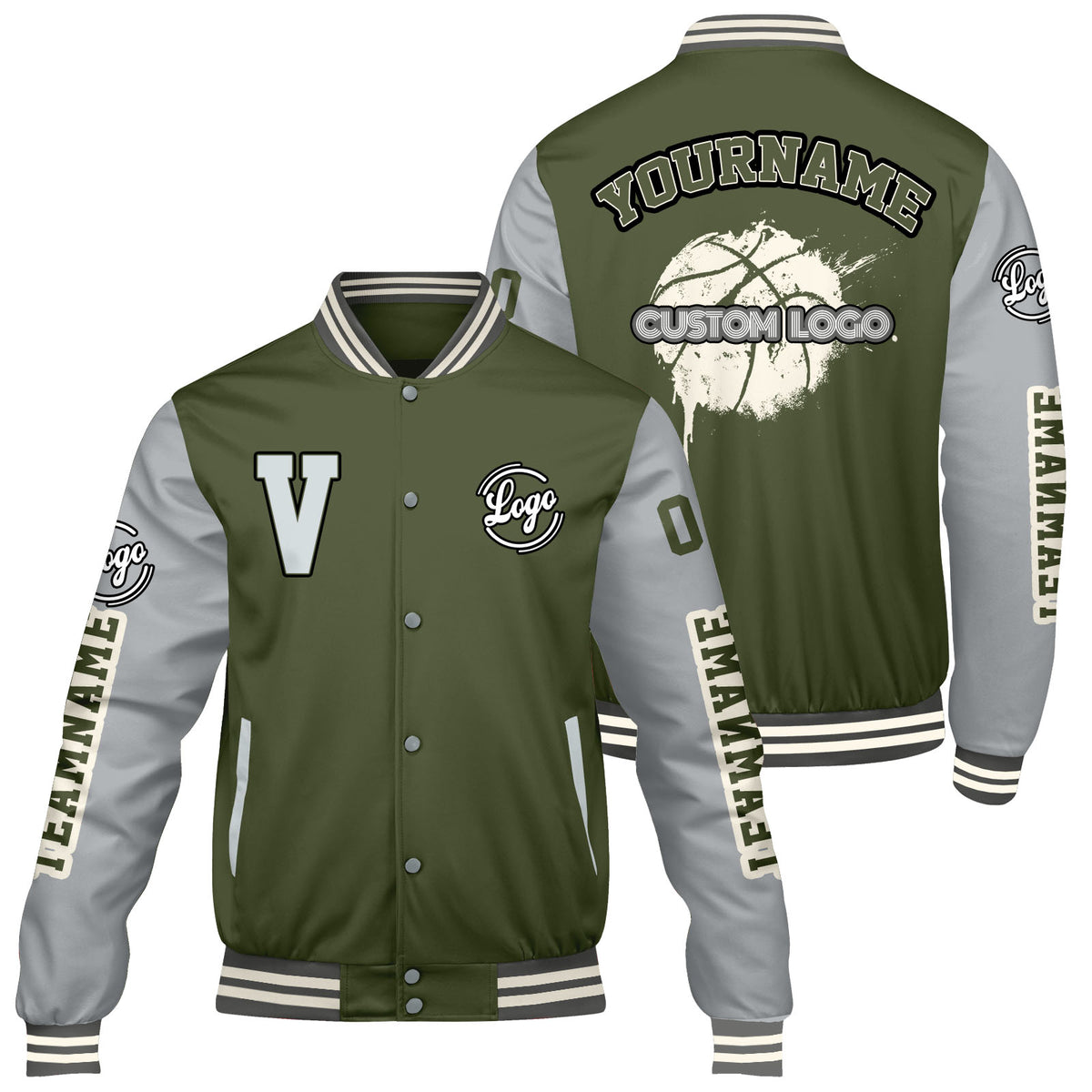 Maßgeschneiderte Olivengrün Grau Letterman Varsity Jacket Individuelle Stickerei Druck nach Ihrem Wunsch