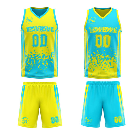 Benutzerdefinierte Hellgelb Hellblau Reversible Basketball Jersey Personalisierte Drucken Name Nummer Logo