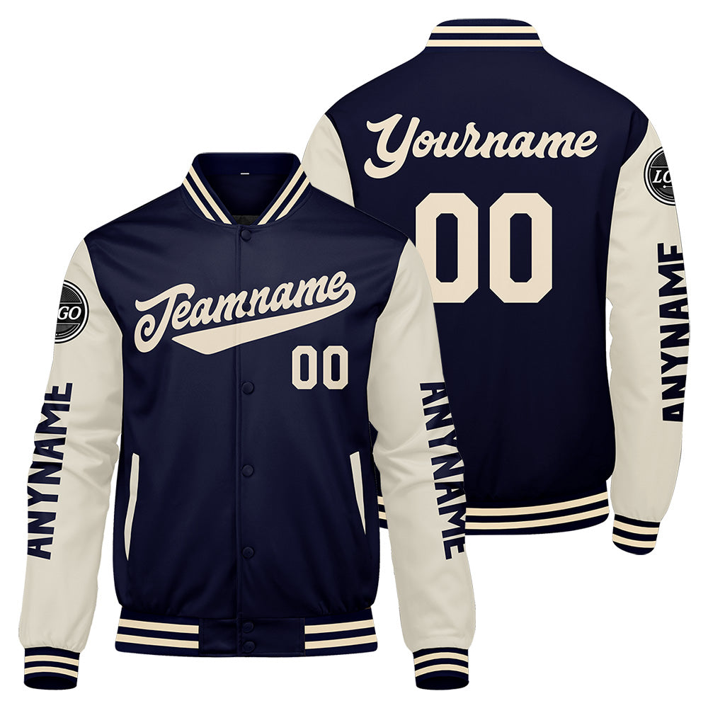 Maßgeschneiderte Marine Creme Letterman Varsity Jacket Individuelle Stickerei Druck nach Ihrem Wunsch