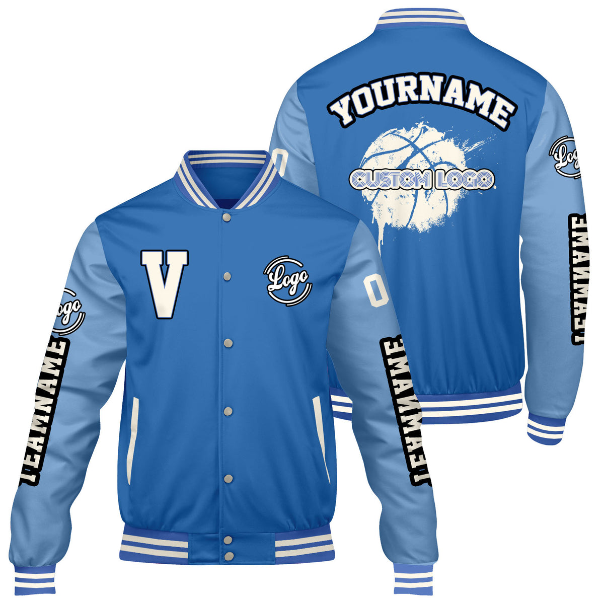 Maßgeschneiderte Hellblau Königlich Letterman Varsity Jacket Individuelle Stickerei Druck nach Ihrem Wunsch