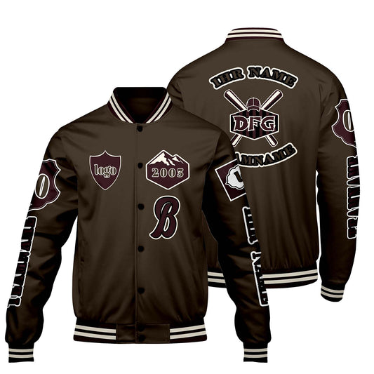 Maßgeschneiderte Braun Letterman Varsity Jacket Individuelle Stickerei  Druck nach Ihrem Wunsch