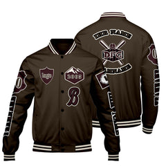 Maßgeschneiderte Braun Letterman Varsity Jacket Individuelle Stickerei  Druck nach Ihrem Wunsch