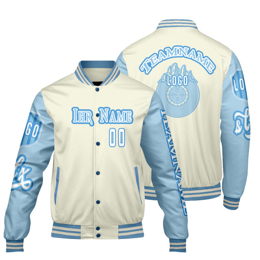Maßgeschneiderte Weiß Blau Letterman Varsity Jacket Individuelle Stickerei  Druck nach Ihrem Wunsch