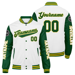 Maßgeschneiderte Grün Gelb Weiß Letterman Varsity Jacket Individuelle Stickerei Druck nach Ihrem Wunsch
