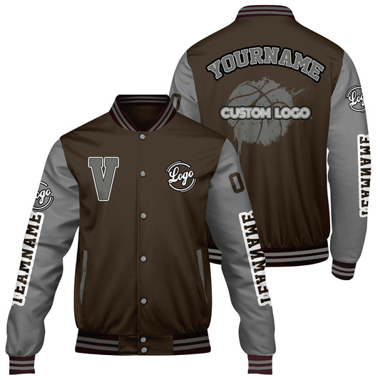 Maßgeschneiderte Braun Grau Letterman Varsity Jacket Individuelle Stickerei Druck nach Ihrem Wunsch