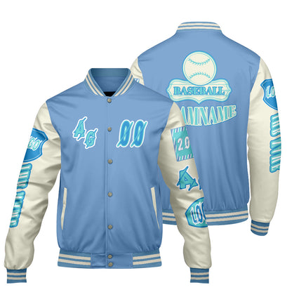 Maßgeschneiderte Blau Cyan Letterman Varsity Jacket Individuelle Stickerei  Druck nach Ihrem Wunsch
