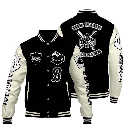 Maßgeschneiderte Schwarz Weiß Letterman Varsity Jacket Individuelle Stickerei  Druck nach Ihrem Wunsch