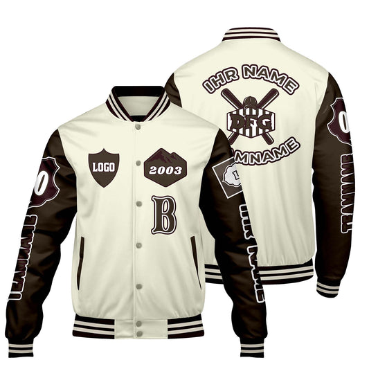 Maßgeschneiderte Weiß Braun Letterman Varsity Jacket Individuelle Stickerei  Druck nach Ihrem Wunsch