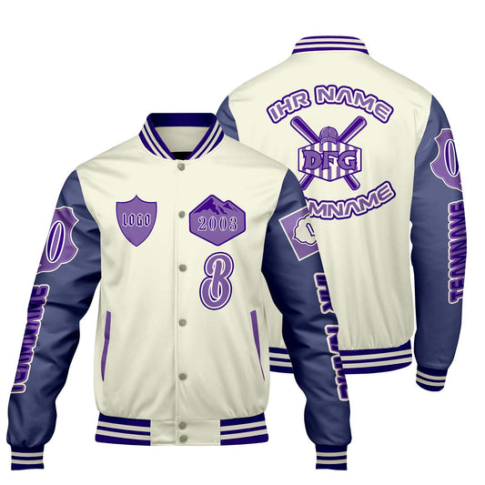 Maßgeschneiderte Weiß Lila Letterman Varsity Jacket Individuelle Stickerei  Druck nach Ihrem Wunsch