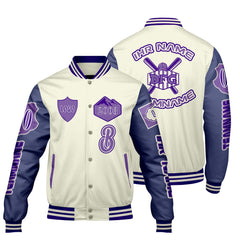 Maßgeschneiderte Weiß Lila Letterman Varsity Jacket Individuelle Stickerei  Druck nach Ihrem Wunsch