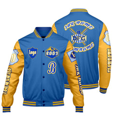 Maßgeschneiderte Blau Gelb Letterman Varsity Jacket Individuelle Stickerei  Druck nach Ihrem Wunsch