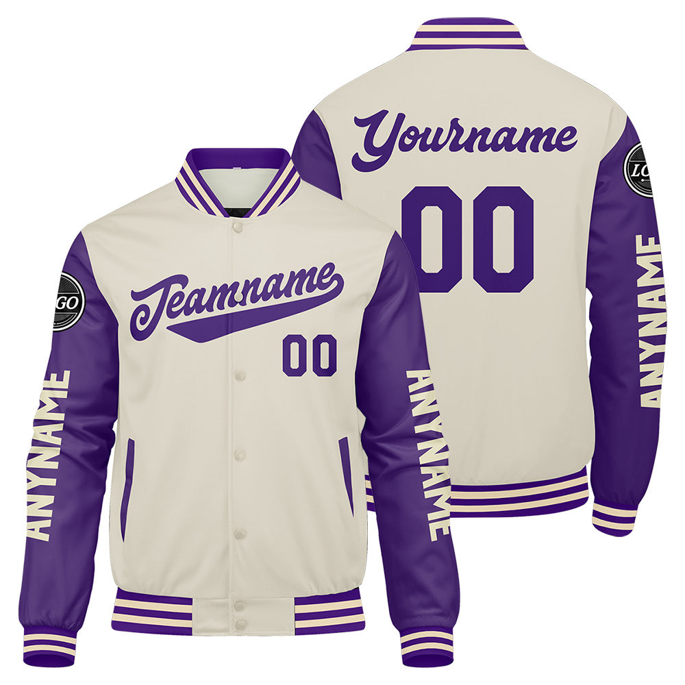 Maßgeschneiderte Lila Creme Letterman Varsity Jacket Individuelle Stickerei Druck nach Ihrem Wunsch