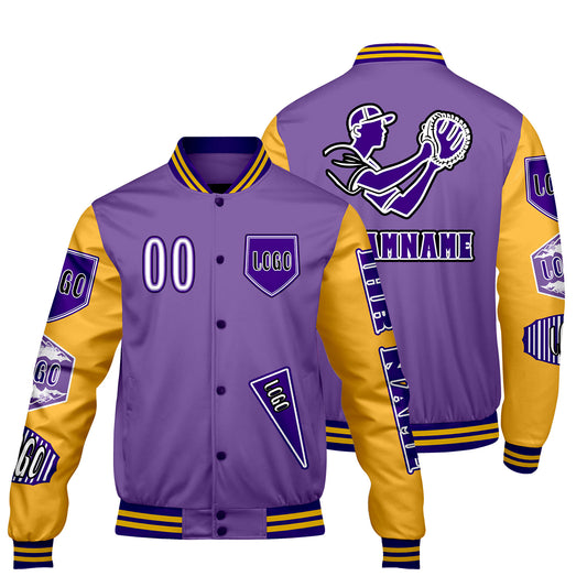 Maßgeschneiderte Lila Gelb Letterman Varsity Jacket Individuelle Stickerei  Druck nach Ihrem Wunsch
