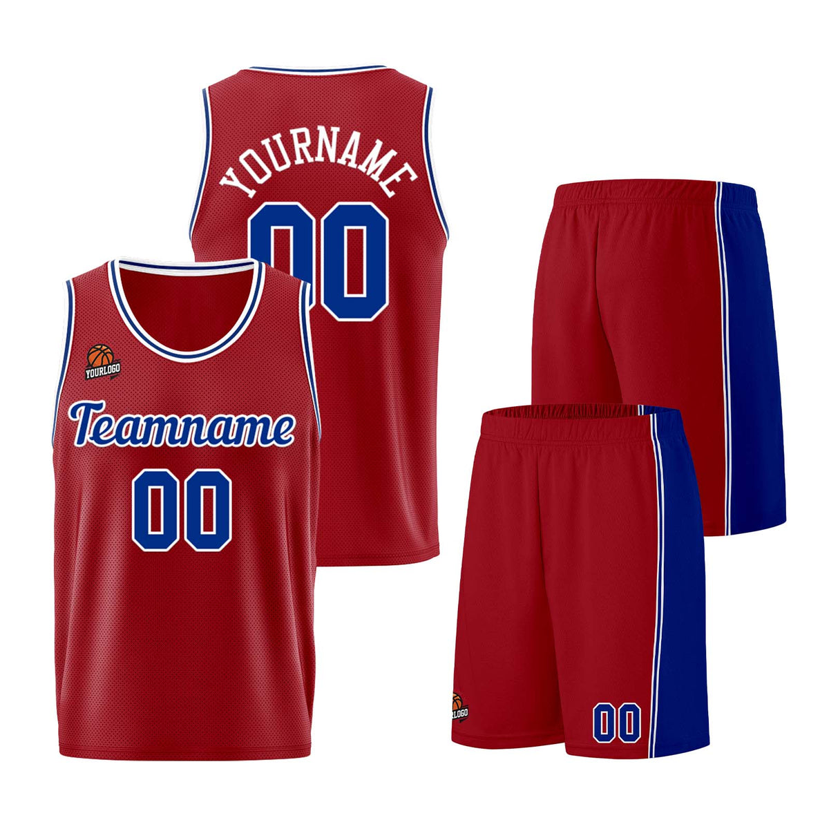 Individuelle Burgund Königlich Basketball Jersey Shorts für Männer und Frauen Gestickter und gedruckter Name, Nummer und Logo