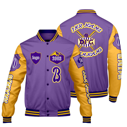 Maßgeschneiderte Lila Gelb Letterman Varsity Jacket Individuelle Stickerei  Druck nach Ihrem Wunsch