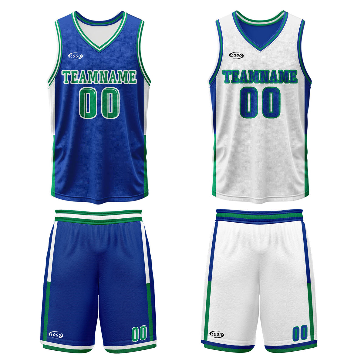 Benutzerdefinierte Blau Weiß Grün Reversible Basketball Jersey Personalisierte Drucken Name Nummer Logo