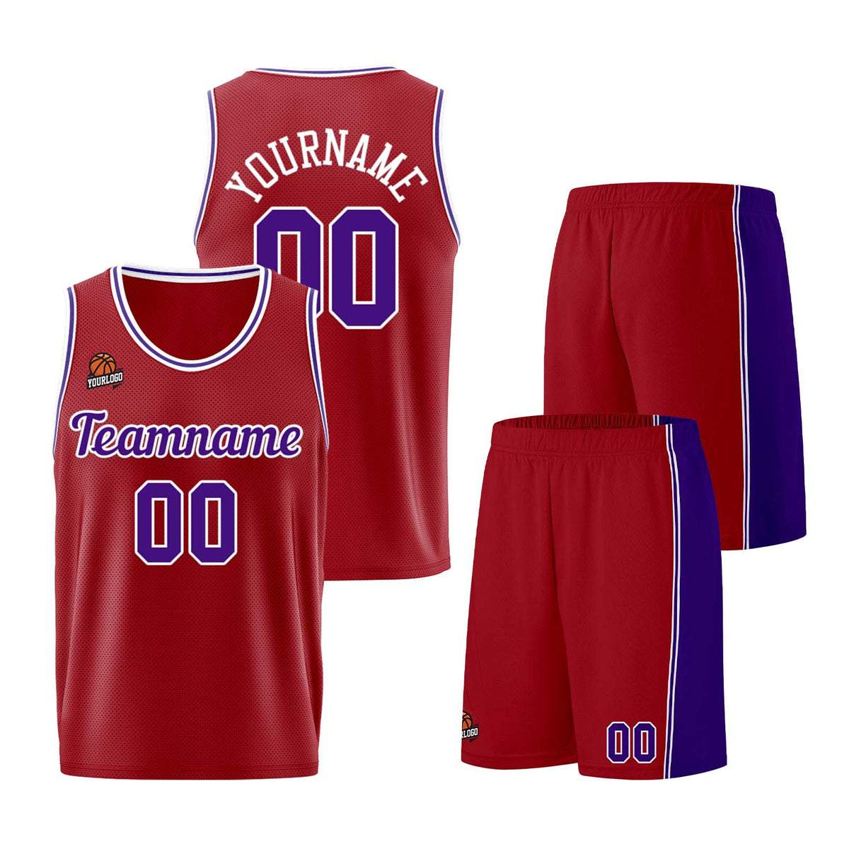 Individuelle Burgund Lila Basketball Jersey Shorts für Männer und Frauen Gestickter und gedruckter Name, Nummer und Logo