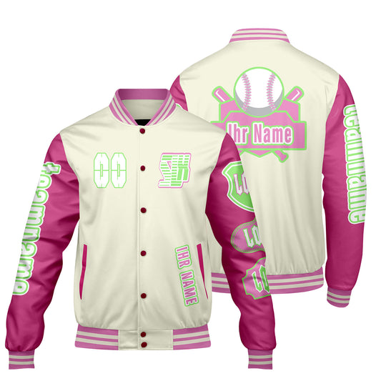 Maßgeschneiderte Weiß Rosa Letterman Varsity Jacket Individuelle Stickerei  Druck nach Ihrem Wunsch