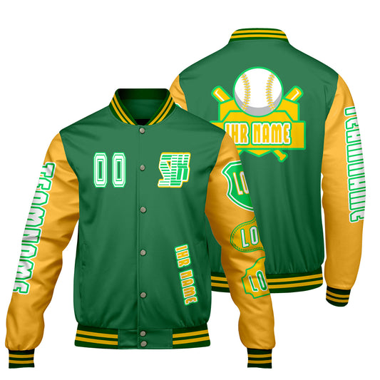 Maßgeschneiderte Grün Gelb Letterman Varsity Jacket Individuelle Stickerei  Druck nach Ihrem Wunsch