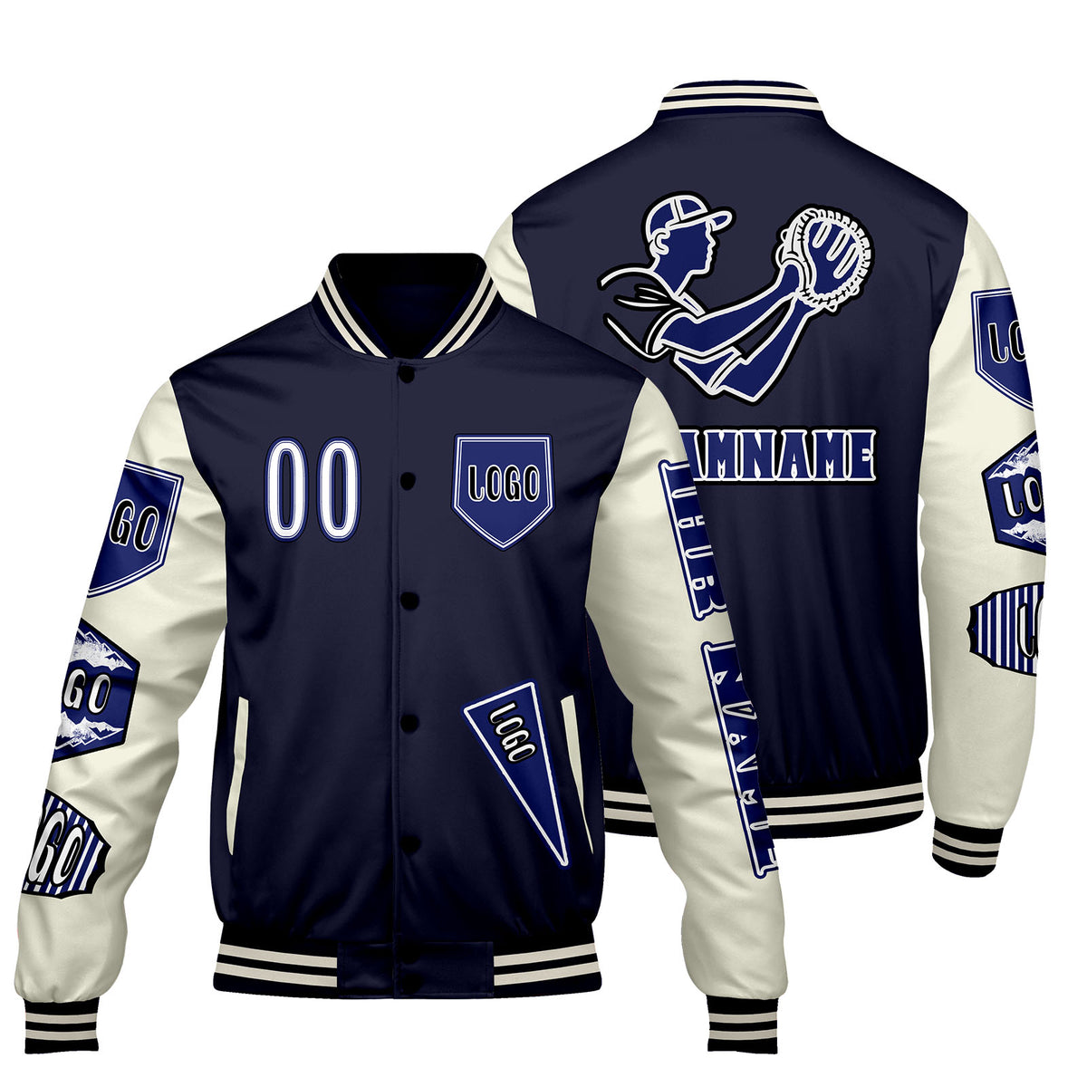 Maßgeschneiderte Marine Weiß Letterman Varsity Jacket Individuelle Stickerei  Druck nach Ihrem Wunsch
