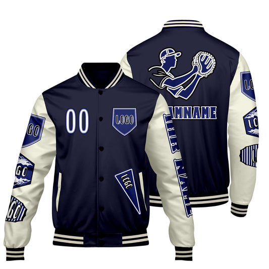 Maßgeschneiderte Marine Weiß Letterman Varsity Jacket Individuelle Stickerei  Druck nach Ihrem Wunsch