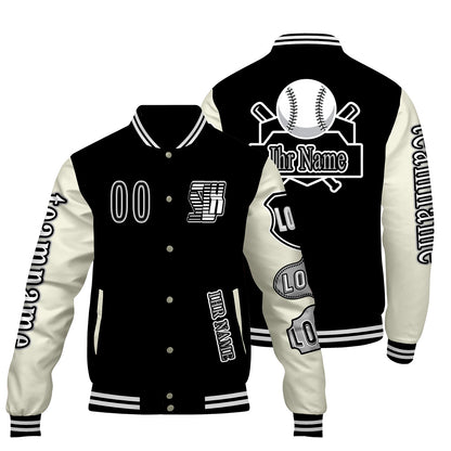 Maßgeschneiderte Schwarz Weiß Letterman Varsity Jacket Individuelle Stickerei  Druck nach Ihrem Wunsch