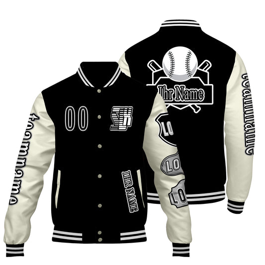 Maßgeschneiderte Schwarz Weiß Letterman Varsity Jacket Individuelle Stickerei  Druck nach Ihrem Wunsch