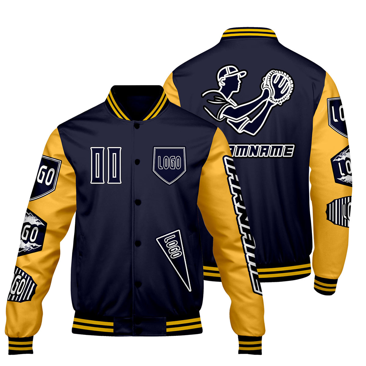 Maßgeschneiderte Marine Gelb Letterman Varsity Jacket Individuelle Stickerei  Druck nach Ihrem Wunsch