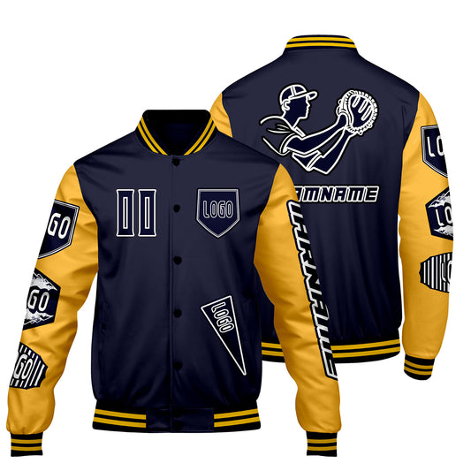 Maßgeschneiderte Marine Gelb Letterman Varsity Jacket Individuelle Stickerei  Druck nach Ihrem Wunsch