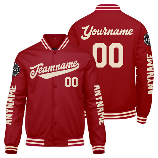 Maßgeschneiderte Rot Creme Letterman Varsity Jacket Individuelle Stickerei Druck nach Ihrem Wunsch