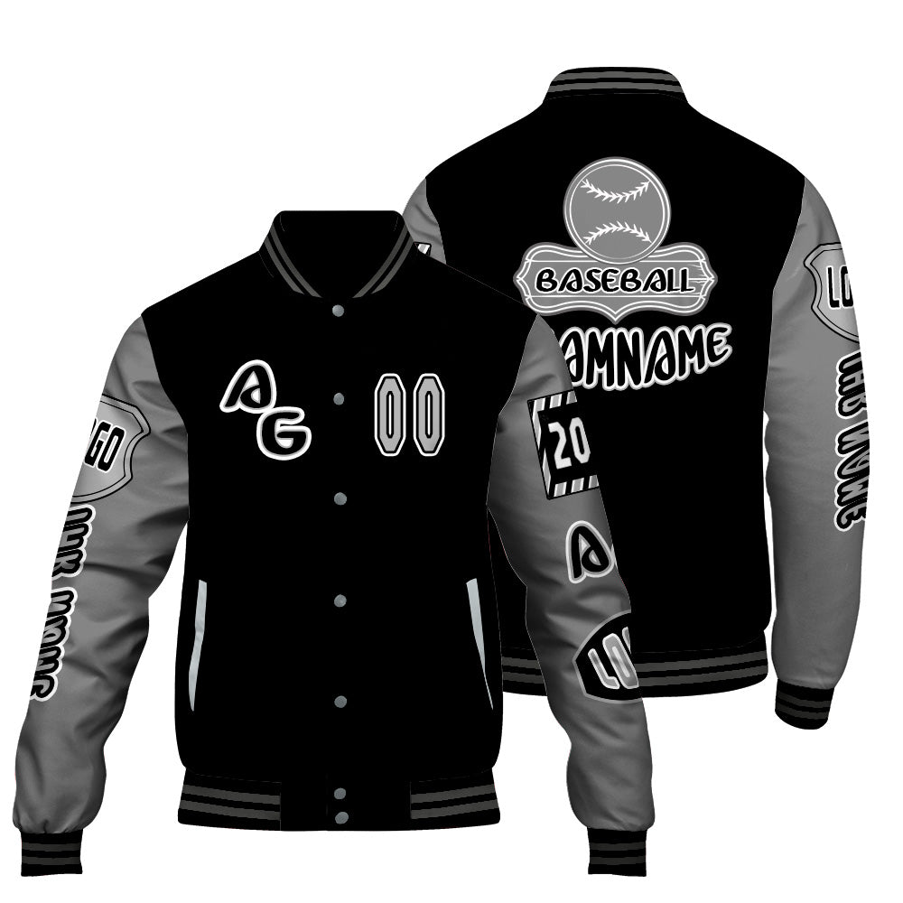 Maßgeschneiderte Schwarz Grau Letterman Varsity Jacket Individuelle Stickerei  Druck nach Ihrem Wunsch