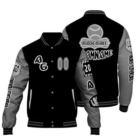 Maßgeschneiderte Schwarz Grau Letterman Varsity Jacket Individuelle Stickerei  Druck nach Ihrem Wunsch