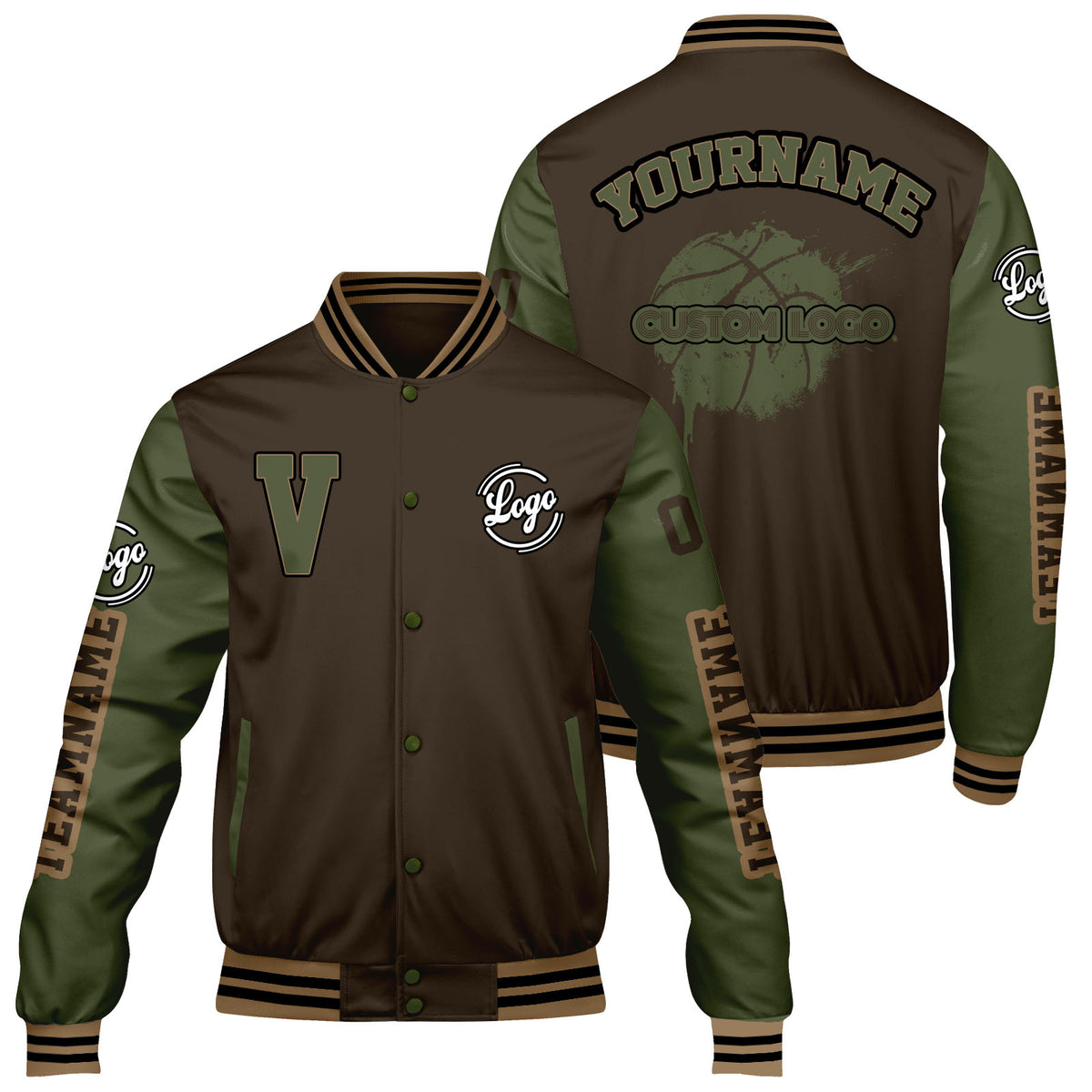 Maßgeschneiderte Braune Olivengrün Letterman Varsity Jacket Individuelle Stickerei Druck nach Ihrem Wunsch