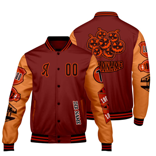 Maßgeschneiderte Burgund Dunkelorange Letterman Varsity Jacket Individuelle Stickerei  Druck nach Ihrem Wunsch