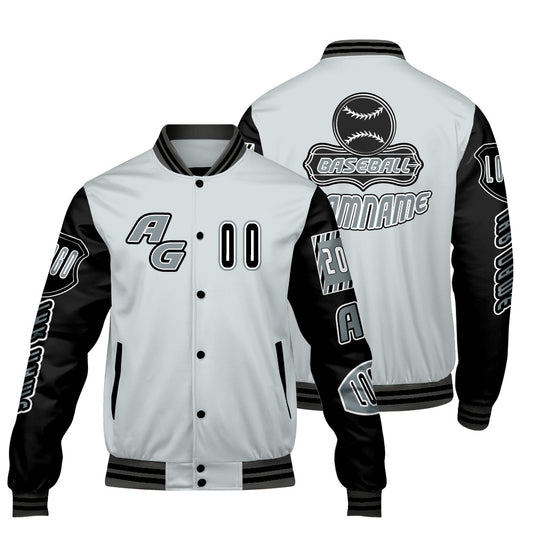 Maßgeschneiderte Grau Schwarz Letterman Varsity Jacket Individuelle Stickerei  Druck nach Ihrem Wunsch