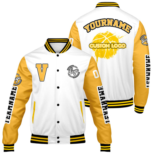 Maßgeschneiderte Weiß Gelb Letterman Varsity Jacket Individuelle Stickerei Druck nach Ihrem Wunsch