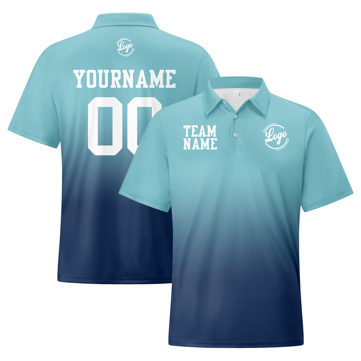 Benutzerdefinierte Hellblau Marine Fußball Gradient Polo-Shirts Fügen Sie Ihr Einzigartiges hinzu Logo/Name/Nummer