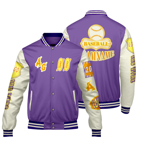 Maßgeschneiderte Lila Gelb Letterman Varsity Jacket Individuelle Stickerei  Druck nach Ihrem Wunsch