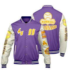 Maßgeschneiderte Lila Gelb Letterman Varsity Jacket Individuelle Stickerei  Druck nach Ihrem Wunsch