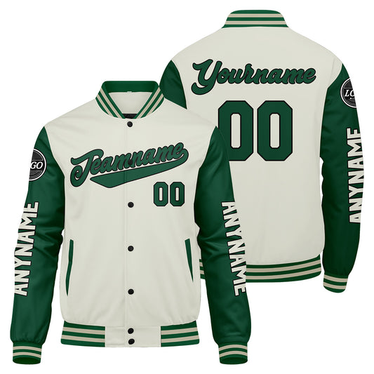 Maßgeschneiderte Grüne Creme Letterman Varsity Jacket Individuelle Stickerei Druck nach Ihrem Wunsch