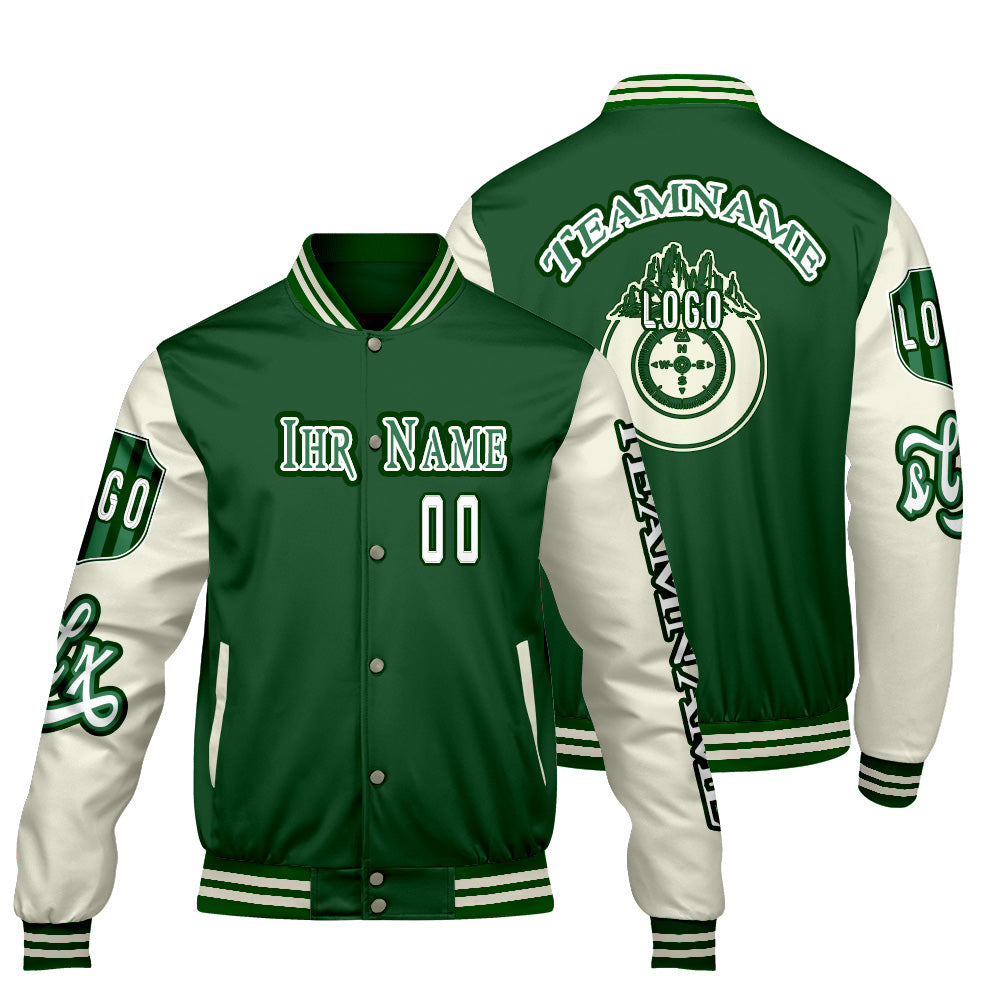 Maßgeschneiderte Grün Weiß Letterman Varsity Jacket Individuelle Stickerei  Druck nach Ihrem Wunsch