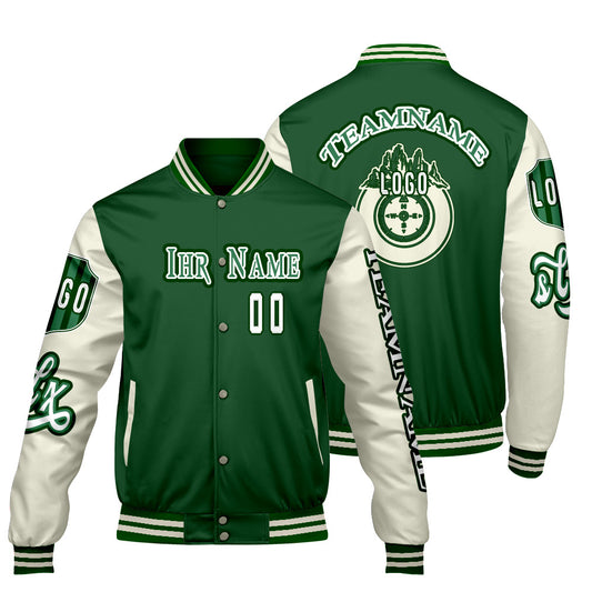 Maßgeschneiderte Grün Weiß Letterman Varsity Jacket Individuelle Stickerei  Druck nach Ihrem Wunsch