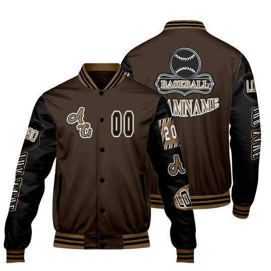 Maßgeschneiderte Braun Schwarz Letterman Varsity Jacket Individuelle Stickerei  Druck nach Ihrem Wunsch
