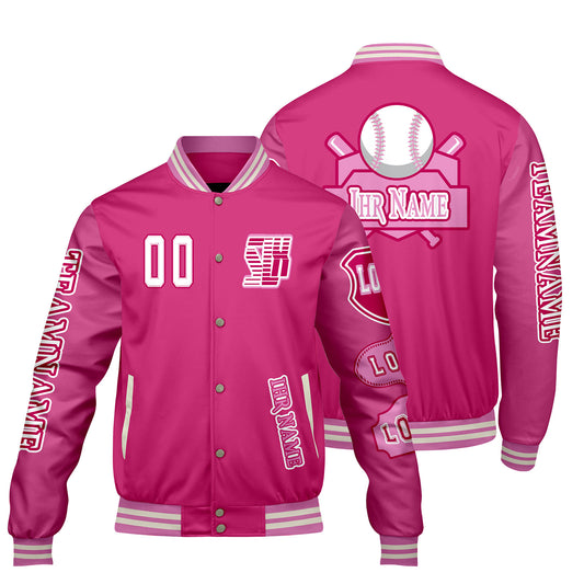 Maßgeschneiderte Rosa Letterman Varsity Jacket Individuelle Stickerei  Druck nach Ihrem Wunsch