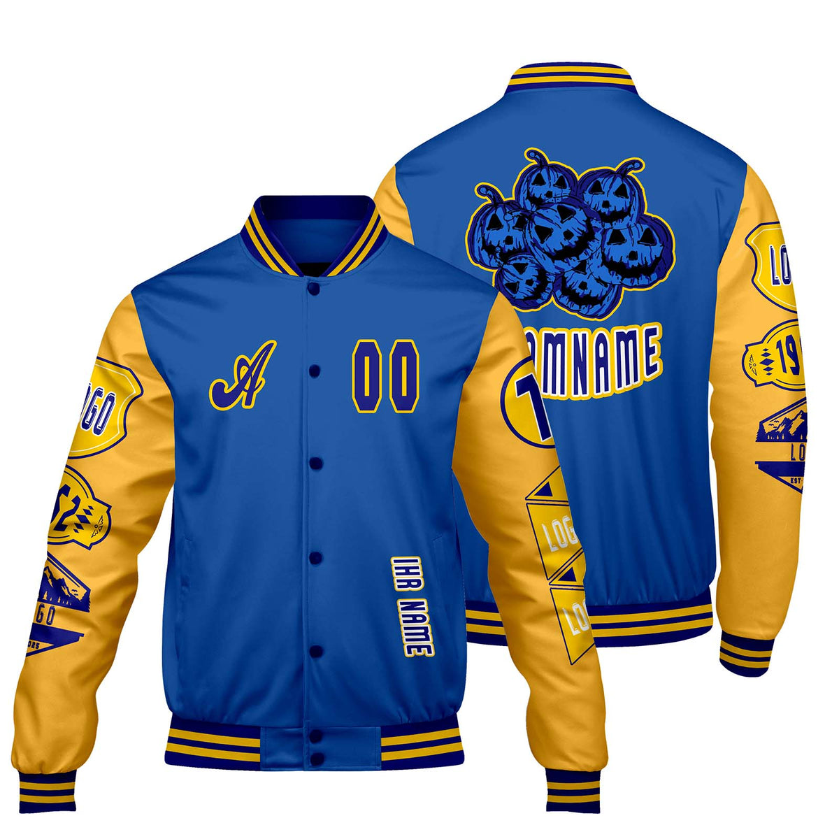 Maßgeschneiderte Blau Gelb Letterman Varsity Jacket Individuelle Stickerei  Druck nach Ihrem Wunsch