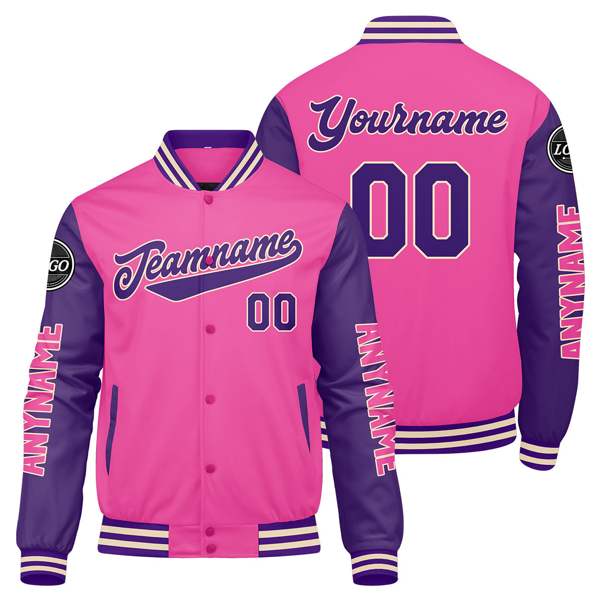 Maßgeschneiderte Rosa Lila Letterman Varsity Jacket Individuelle Stickerei Druck nach Ihrem Wunsch